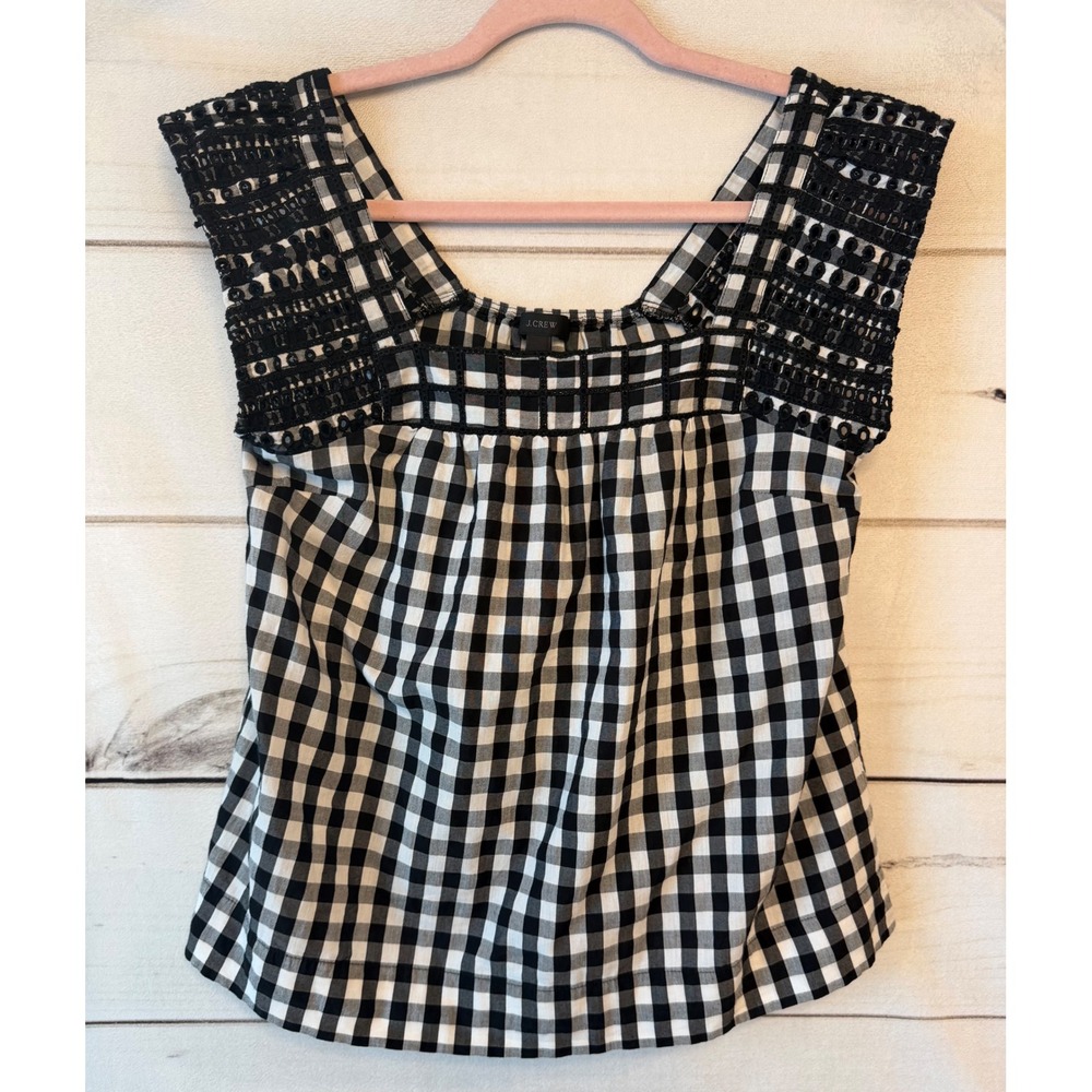 J. Crew Gingham Crochet Lace Square Neck Sleeveless Top Black White 00